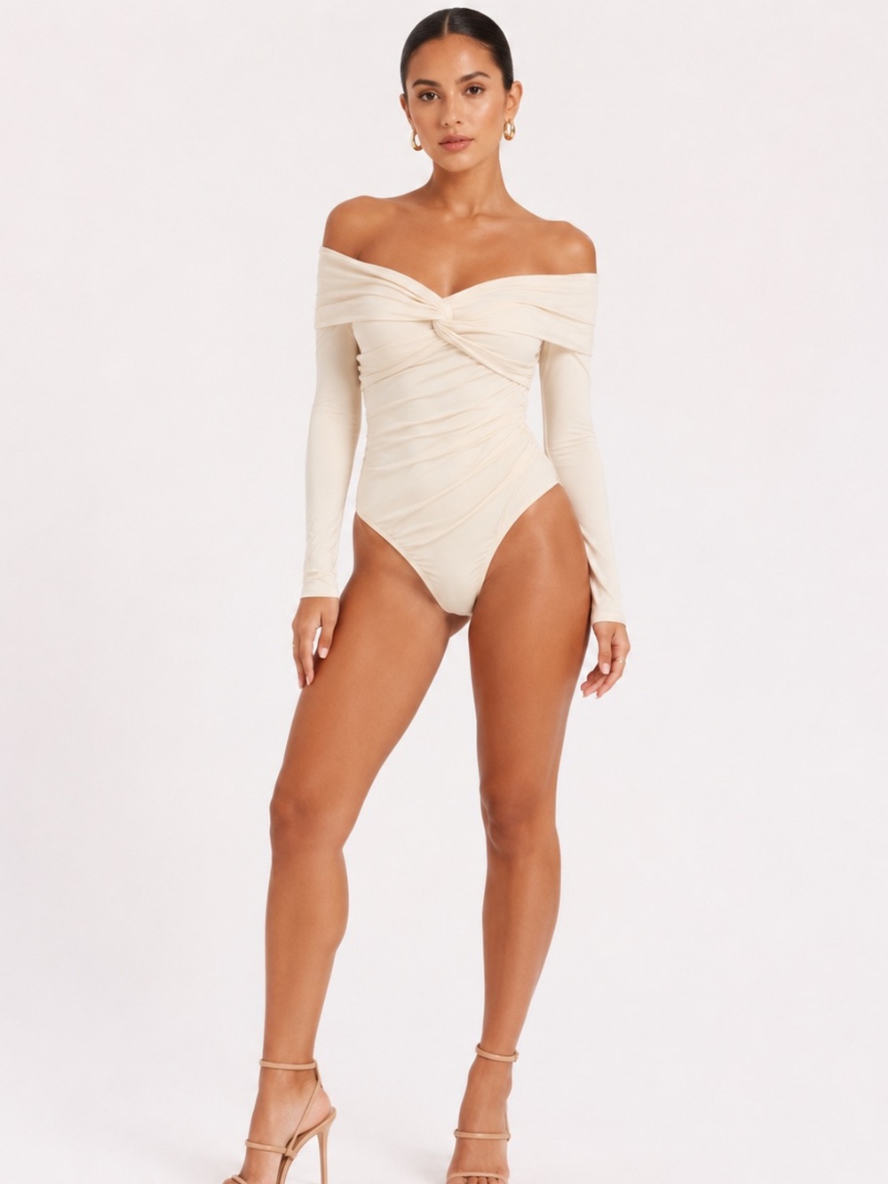 Off-Shoulder Twist Front Long Sleeve Bodysuit in Cream